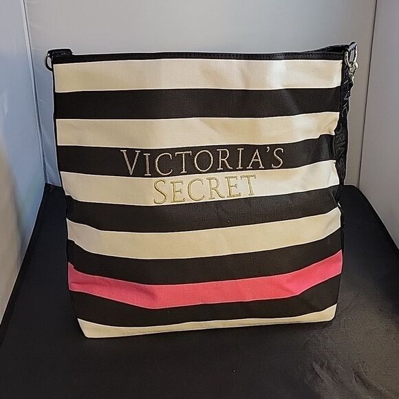 BRAND NEW VICTORIA SECRET WEEKENDER CANVAS STRIPED GOLD LOGO EMBROIDERY TOTE BAG - Picture 3 of 15